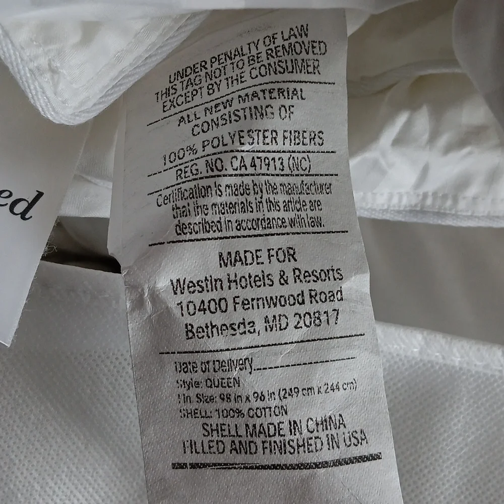 New Made For Westin Hotels & Resorts Down Alternative Duvet. Size Queen.